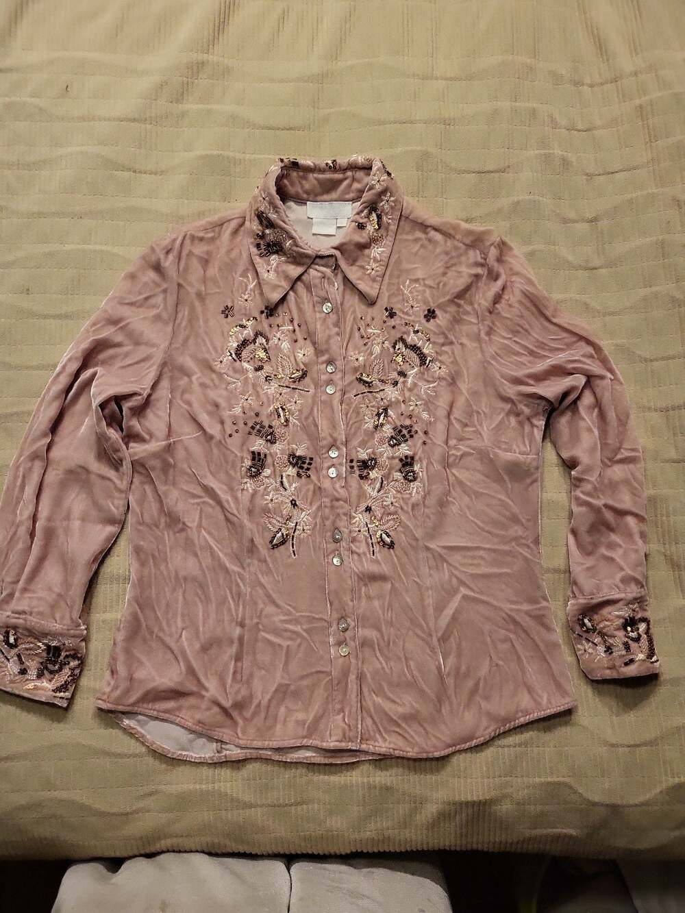 Votre Nom Collection XL Silk Blend Mauve Velvet Beaded Floral Cardigan Blouse